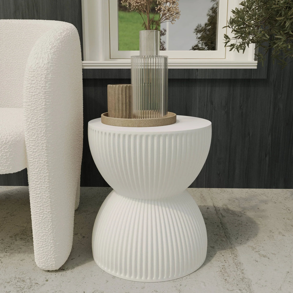 Spire 15" Wide Round Side Fiberstone Table With Hourglass Design - Elax Furniture