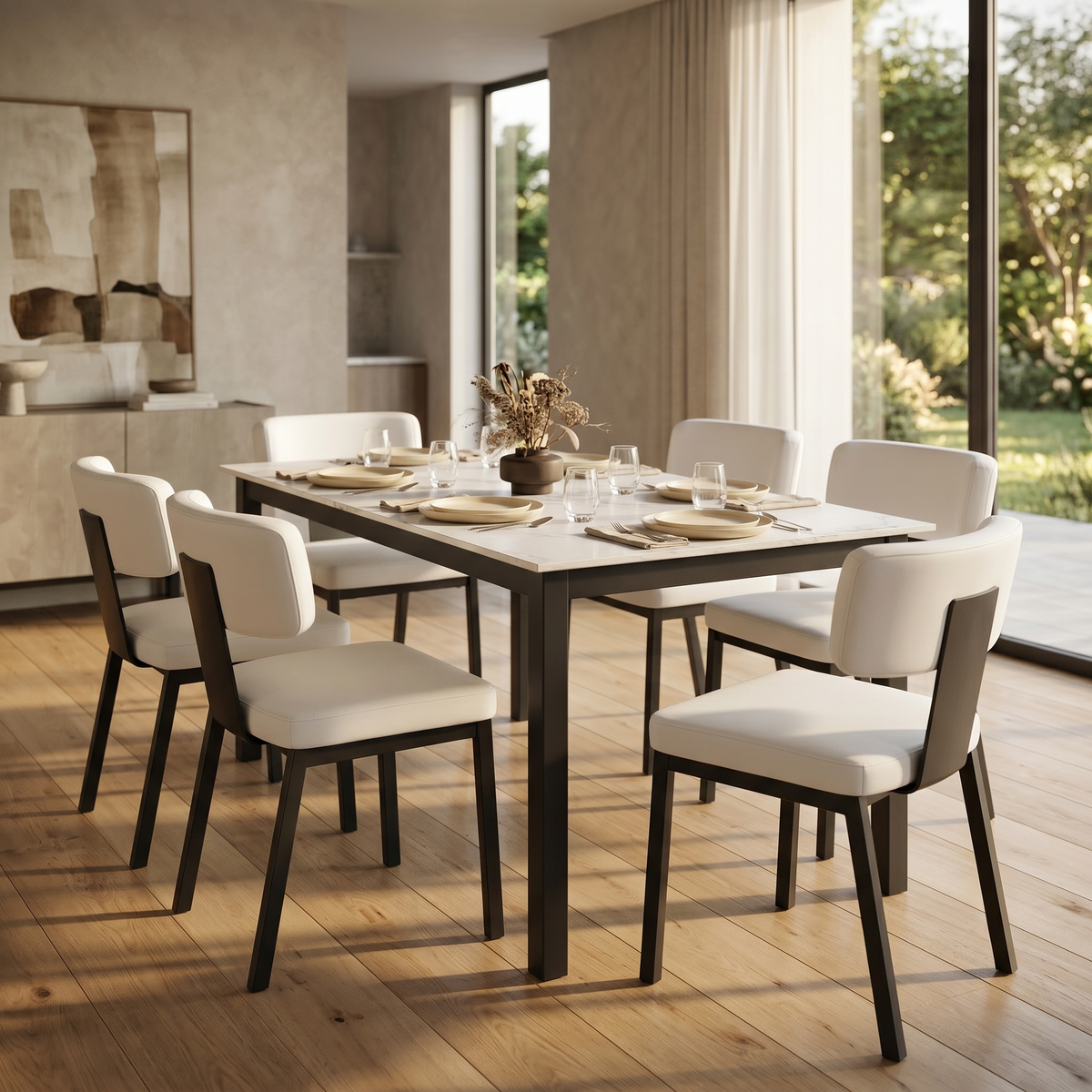 Teres Dining Chair with Leather Upholstery and Steel Legs
