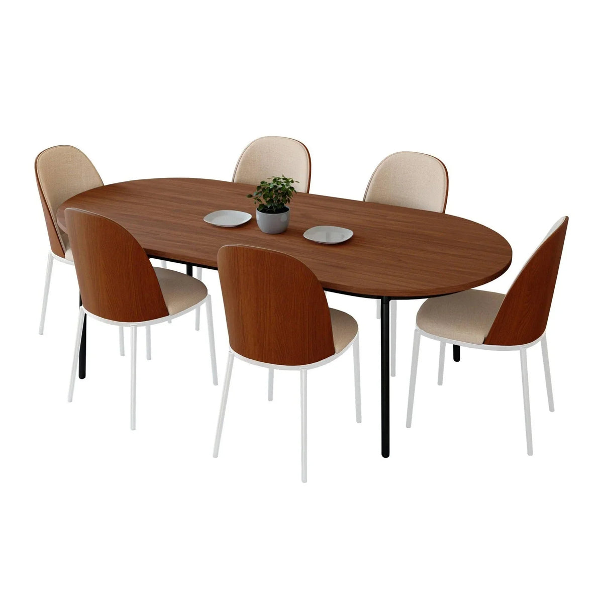 Tule 7-Piece Dining Set with 6 Upholstered Seat Dining Chairs in White Steel Frame and 71" Oval Dining Table with MDF Tabletop - Elax Furniture