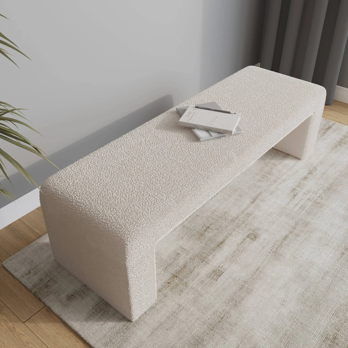 Vint 63" Wide Upholstered Bench in Boucle/Velvet with Curved Waterfall Design - Elax Furniture