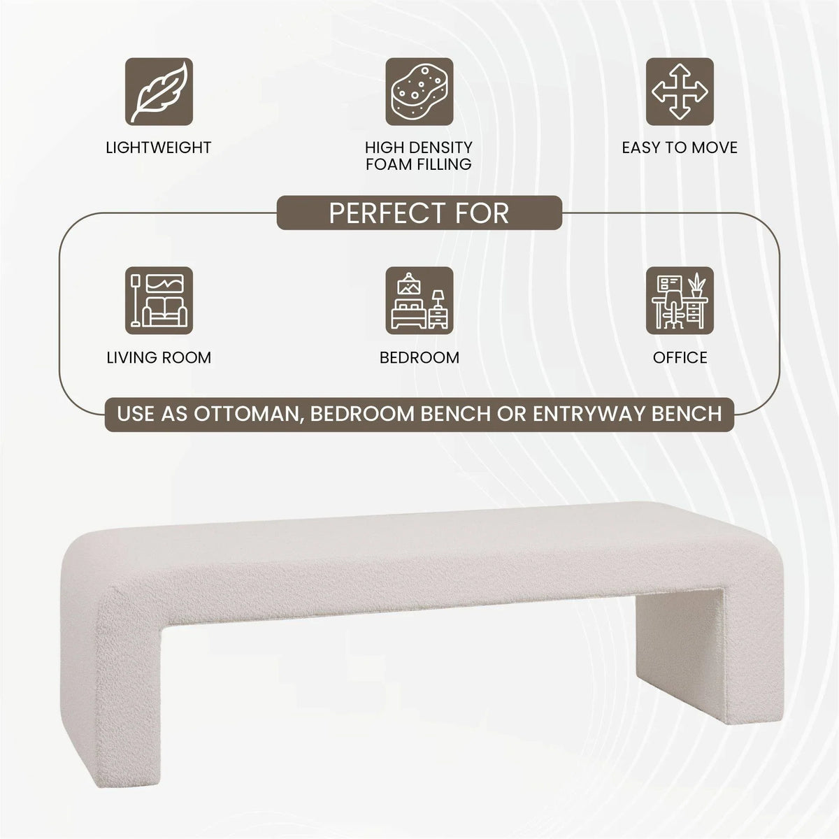 Vint 63" Wide Upholstered Bench in Boucle/Velvet with Curved Waterfall Design - Elax Furniture