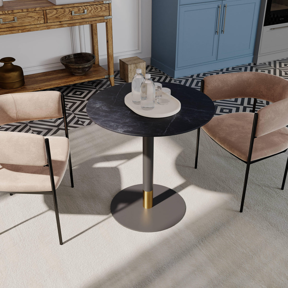 LeisureMod Vail Collection Dining Table Black/Gold Base With 27"/36" Round Black MDF Top - Elax Furniture