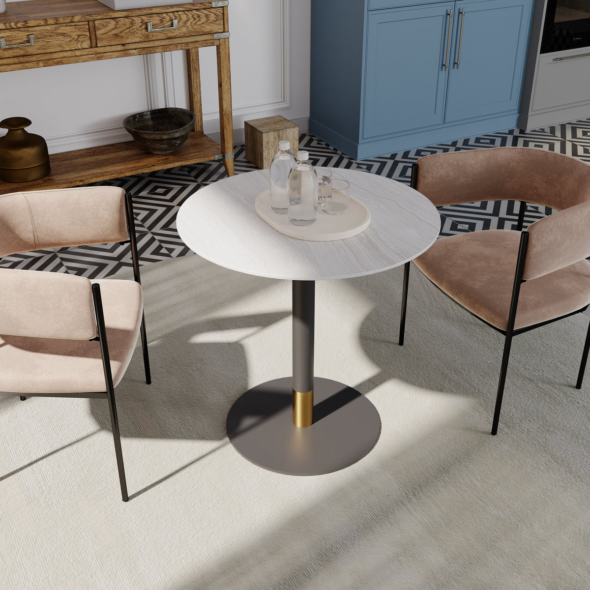 Vail Collection Dining Table Black/Gold Round Base With 27"/36" Round Sintered Stone and MDF Wood Top Wood 27 Inches Light Wood Brown Dining Table Leisuremod