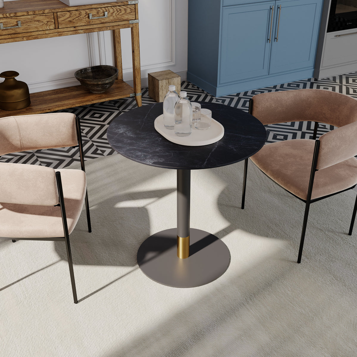 Vail Collection Dining Table Black/Gold Round Base With 27"/36" Round Sintered Stone and MDF Wood Top Wood 36 Inches Black Dining Table Leisuremod