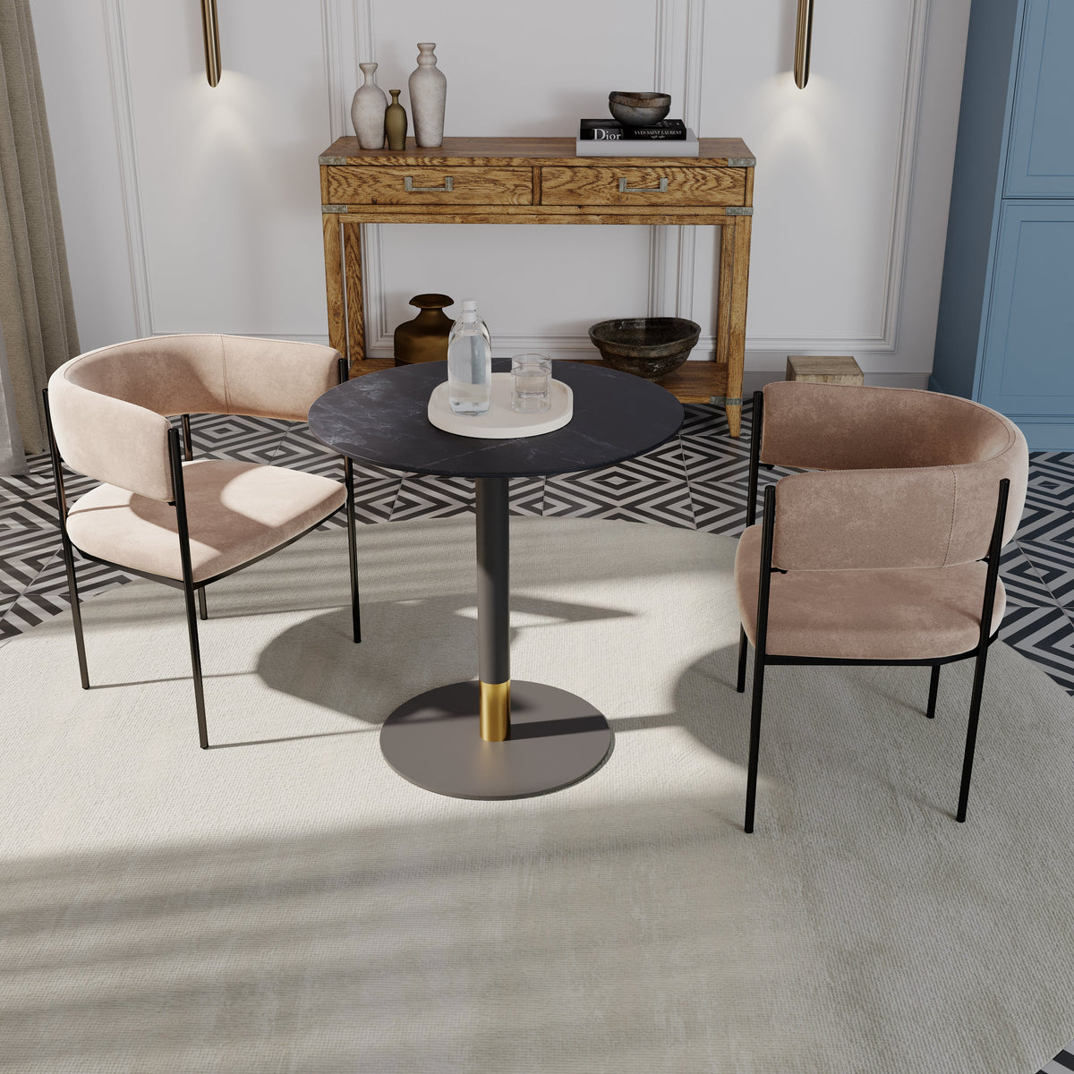 Vail Collection Dining Table Black/Gold Round Base With 27"/36" Round Sintered Stone and MDF Wood Top Wood 36 Inches Black Dining Table Leisuremod