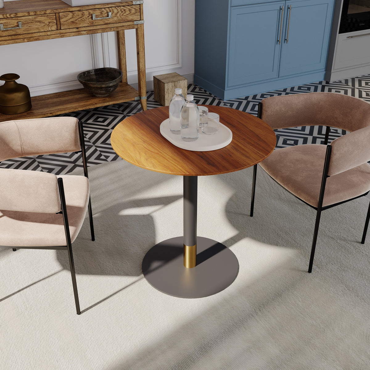Vail Collection Dining Table Black/Gold Round Base With 27"/36" Round Sintered Stone and MDF Wood Top Wood 36 Inches Cognac Brown Dining Table Leisuremod