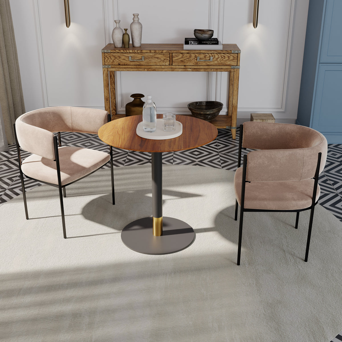 Vail Collection Dining Table Black/Gold Round Base With 27"/36" Round Sintered Stone and MDF Wood Top Wood 36 Inches Cognac Brown Dining Table Leisuremod