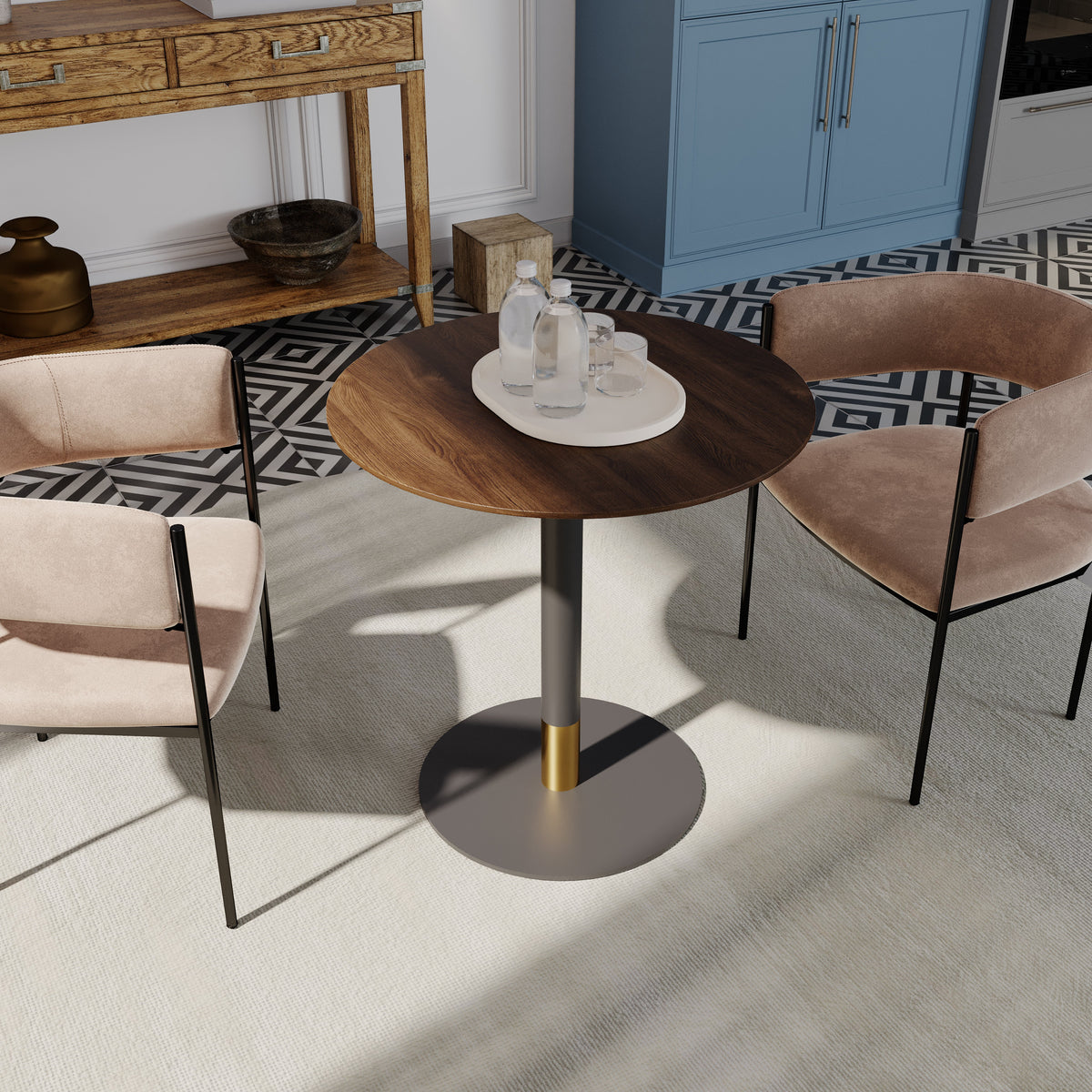 Vail Collection Dining Table Black/Gold Round Base With 27"/36" Round Sintered Stone and MDF Wood Top Wood 36 Inches Dark Brown Dining Table Leisuremod