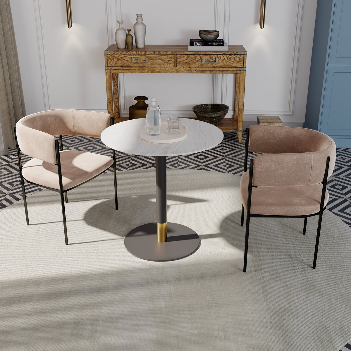 Vail Collection Dining Table Black/Gold Round Base With 27"/36" Round Sintered Stone and MDF Wood Top Wood 36 Inches Light Wood Brown Dining Table Leisuremod