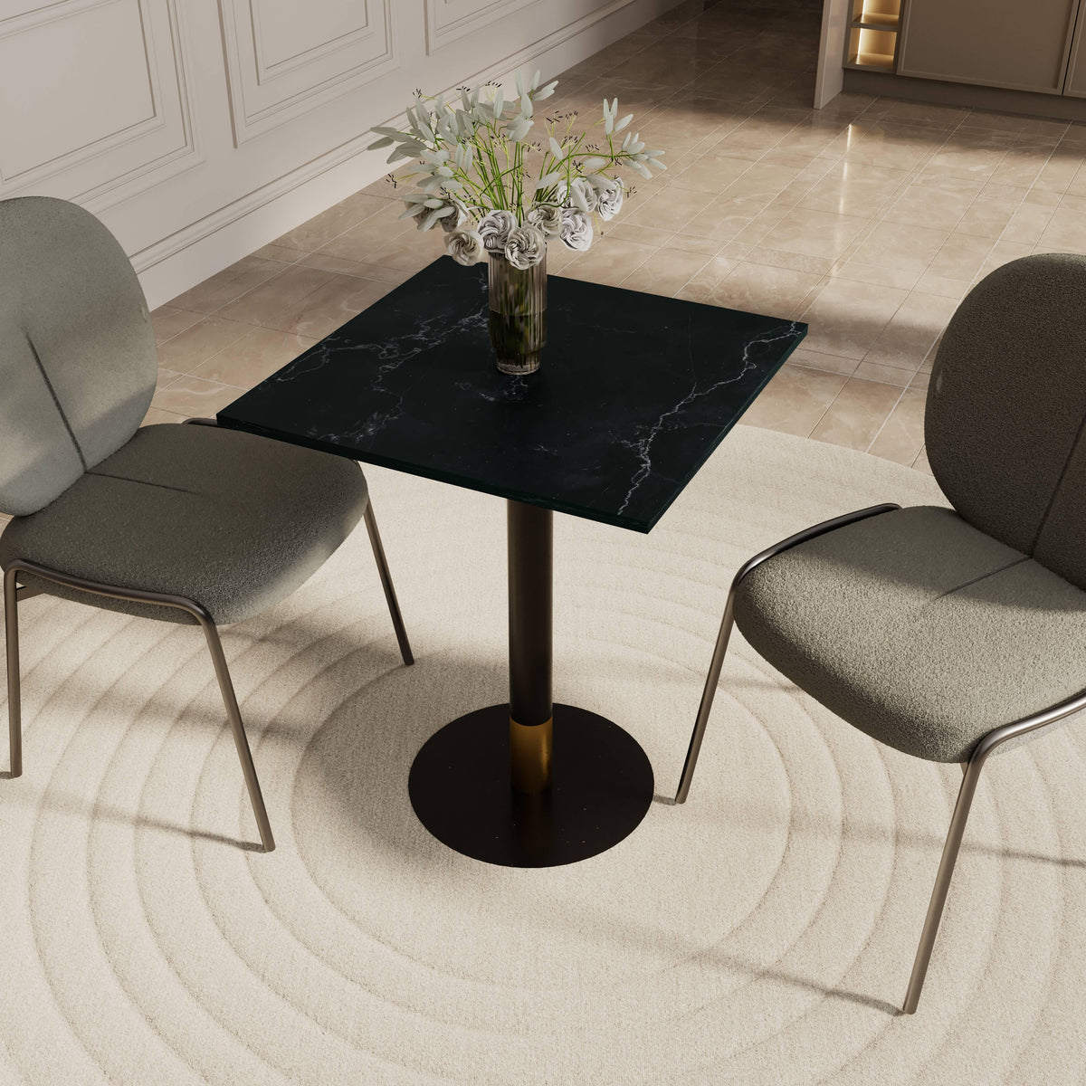 LeisureMod Vail Collection Dining Table Black/Gold Round Base With 24" Square Black MDF Top - Elax Furniture