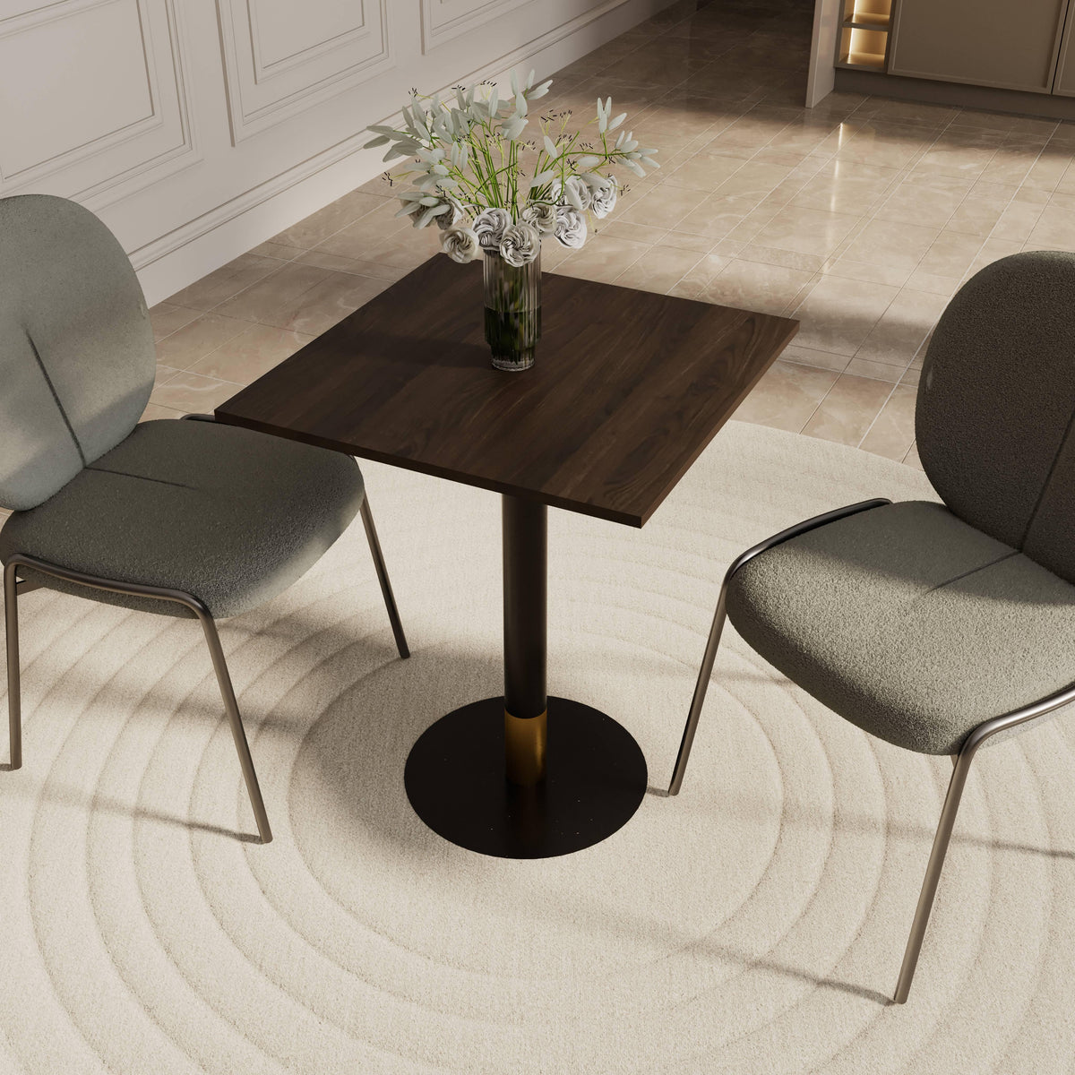 LeisureMod Vail Collection Dining Table Black/Gold Round Base With 24" Square Black MDF Top - Elax Furniture