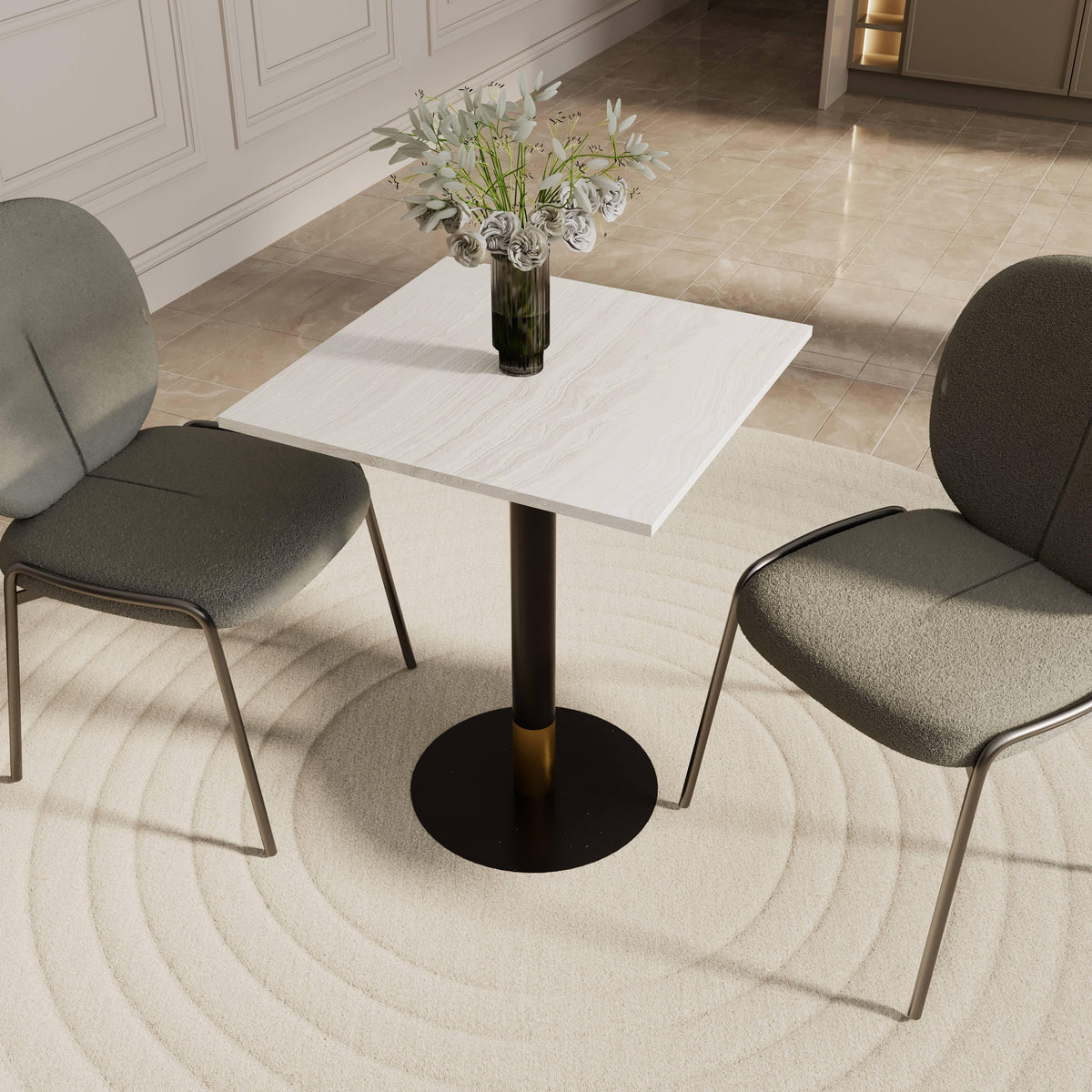 LeisureMod Vail Collection Dining Table Black/Gold Round Base With 24" Square Black MDF Top - Elax Furniture