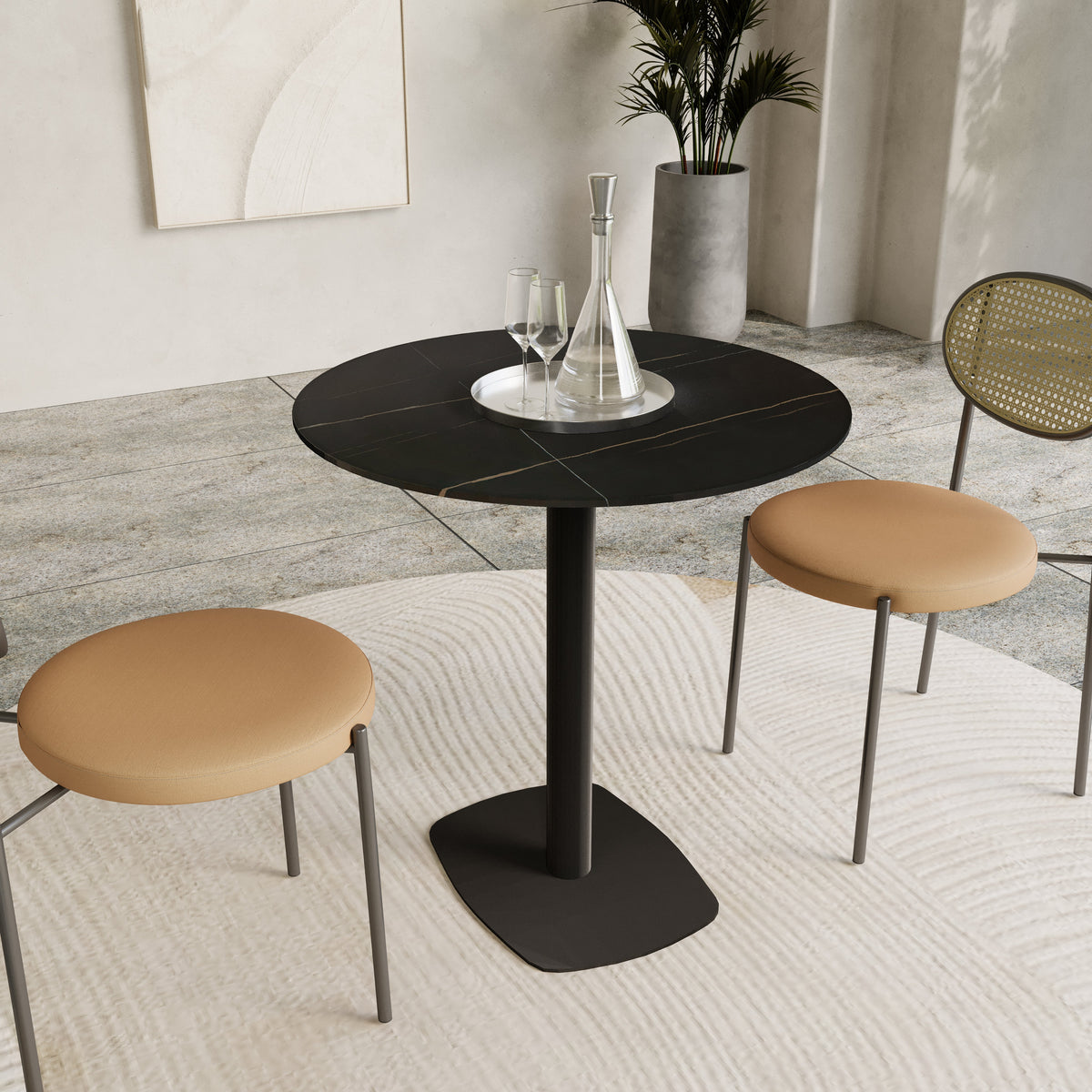Vail Collection Dining Table Black Rectangle Base With 27"/36" Round Dark Brown MDF Wood/Sintered Stone Top 36 Inches Black Stone Dining Table Leisuremod