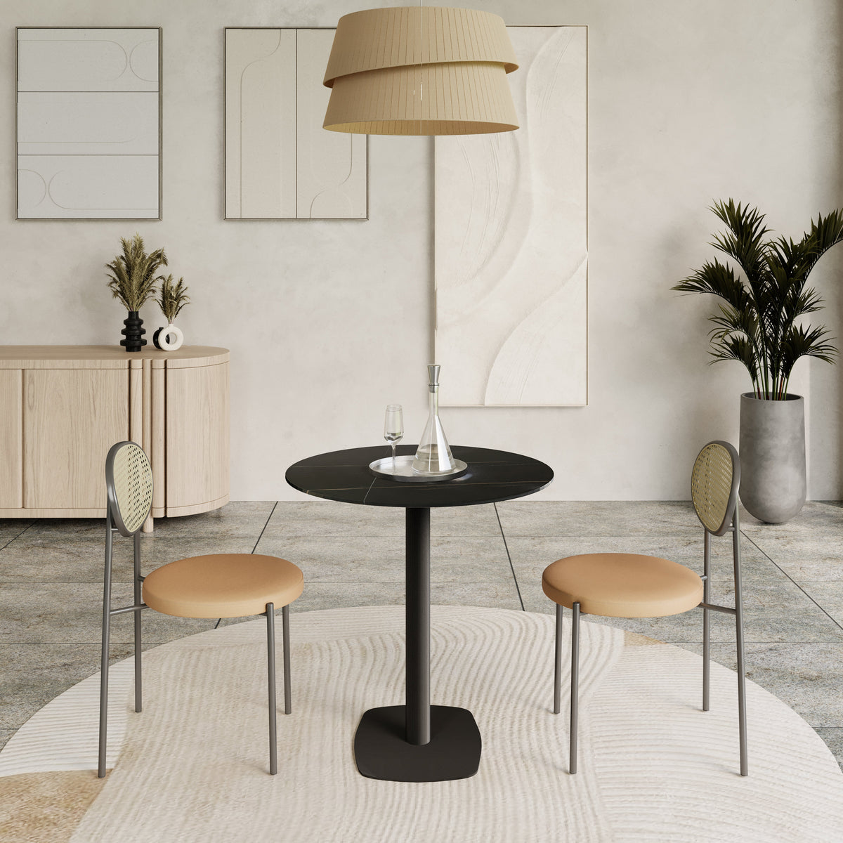 Vail Collection Dining Table Black Rectangle Base With 27"/36" Round Dark Brown MDF Wood/Sintered Stone Top 36 Inches Black Stone Dining Table Leisuremod