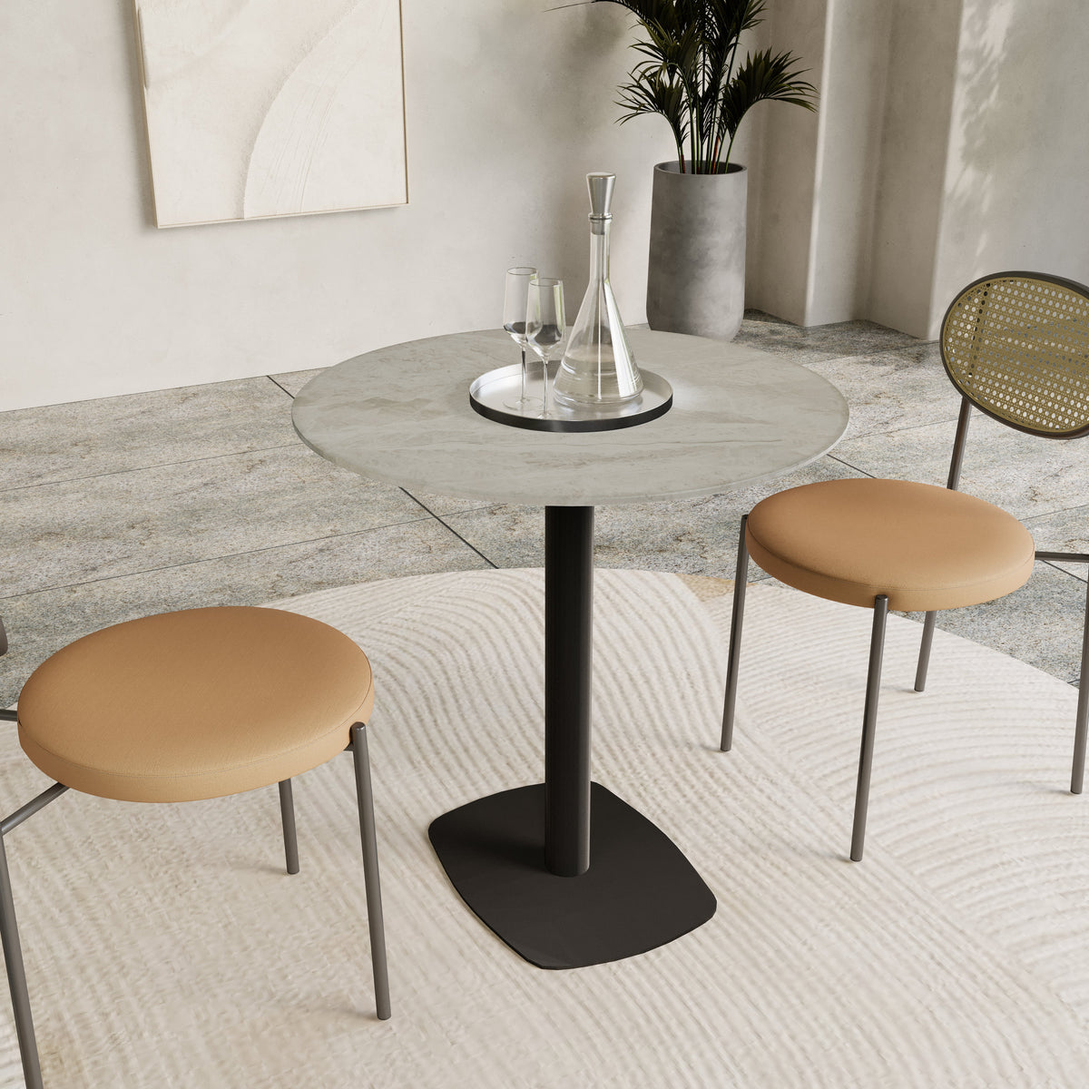 Vail Collection Dining Table Black Rectangle Base With 27"/36" Round Dark Brown MDF Wood/Sintered Stone Top 36 Inches Grey Stone Dining Table Leisuremod