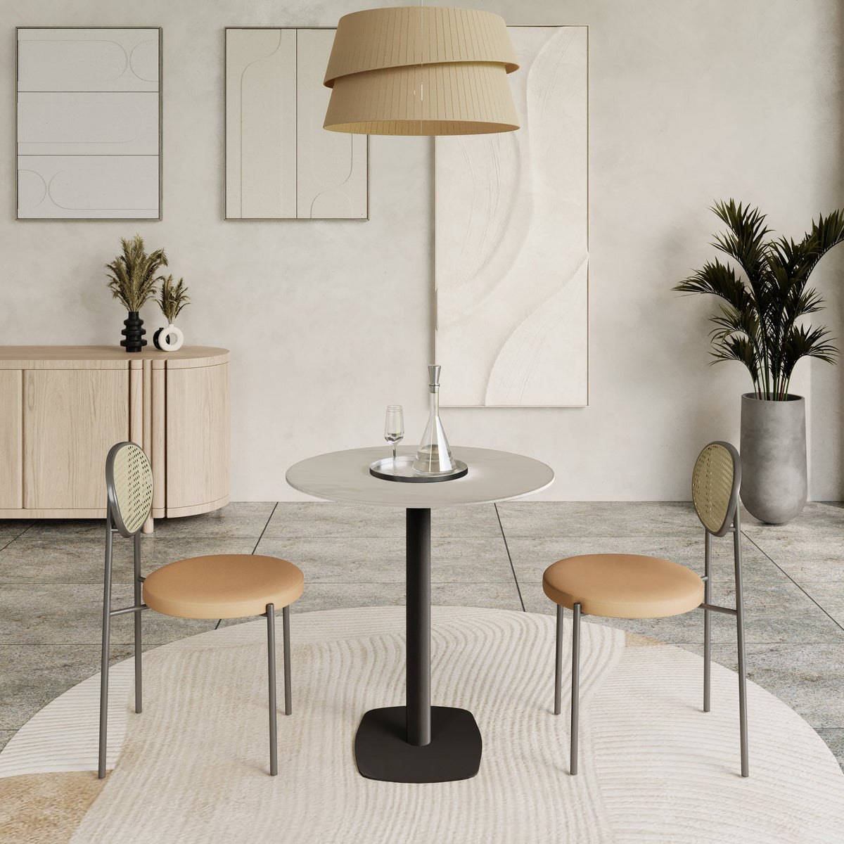 Vail Collection Dining Table Black Rectangle Base With 27"/36" Round Dark Brown MDF Wood/Sintered Stone Top 36 Inches White Stone Dining Table Leisuremod