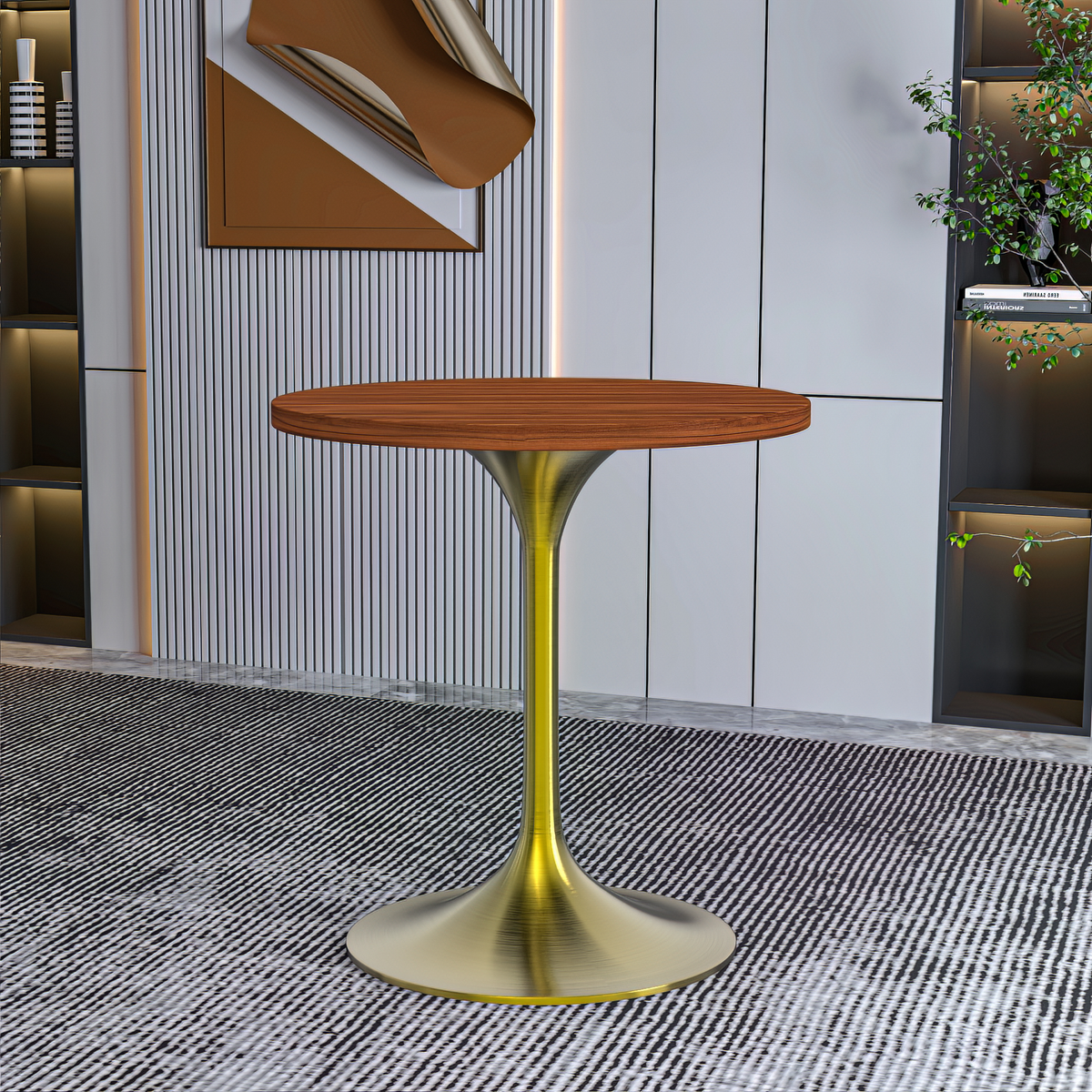 Verve Round Dining Table with MDF/Sintered Stone/Resin Tabletop in Gold Stainless Steel Pedestal Base MDF 27 Inch Cognac Brown Dining Table Leisuremod