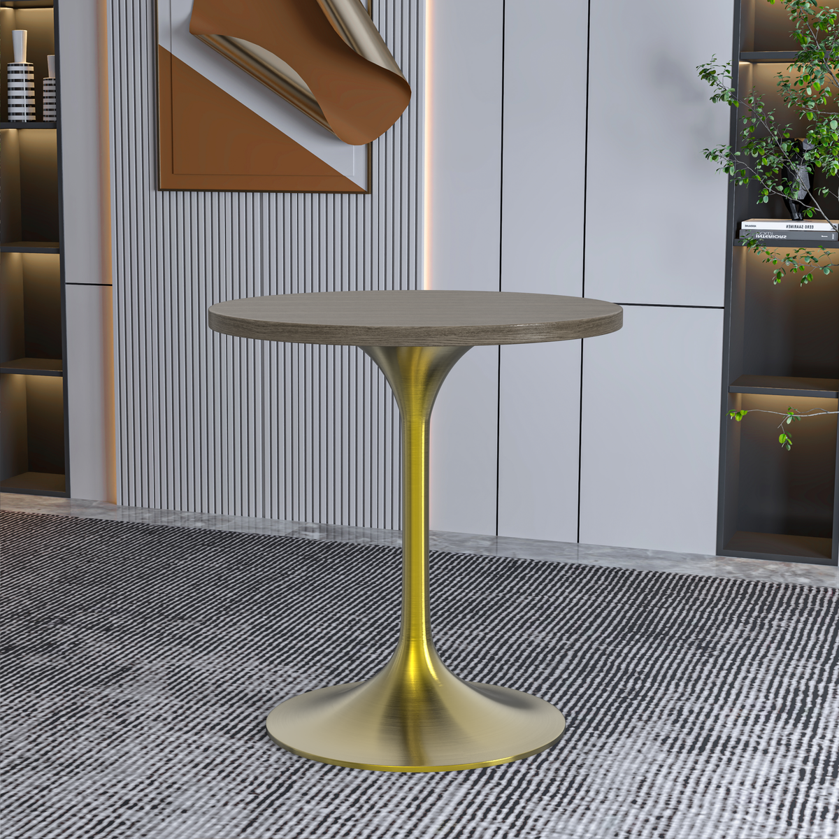 Verve Round Dining Table with MDF/Sintered Stone/Resin Tabletop in Gold Stainless Steel Pedestal Base MDF 27 Inch Dark Maple Dining Table Leisuremod