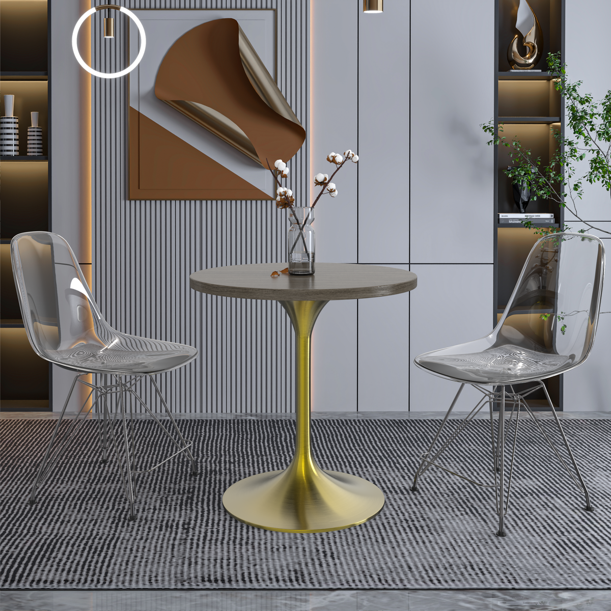 Verve Round Dining Table with MDF/Sintered Stone/Resin Tabletop in Gold Stainless Steel Pedestal Base MDF 27 Inch Dark Maple Dining Table Leisuremod