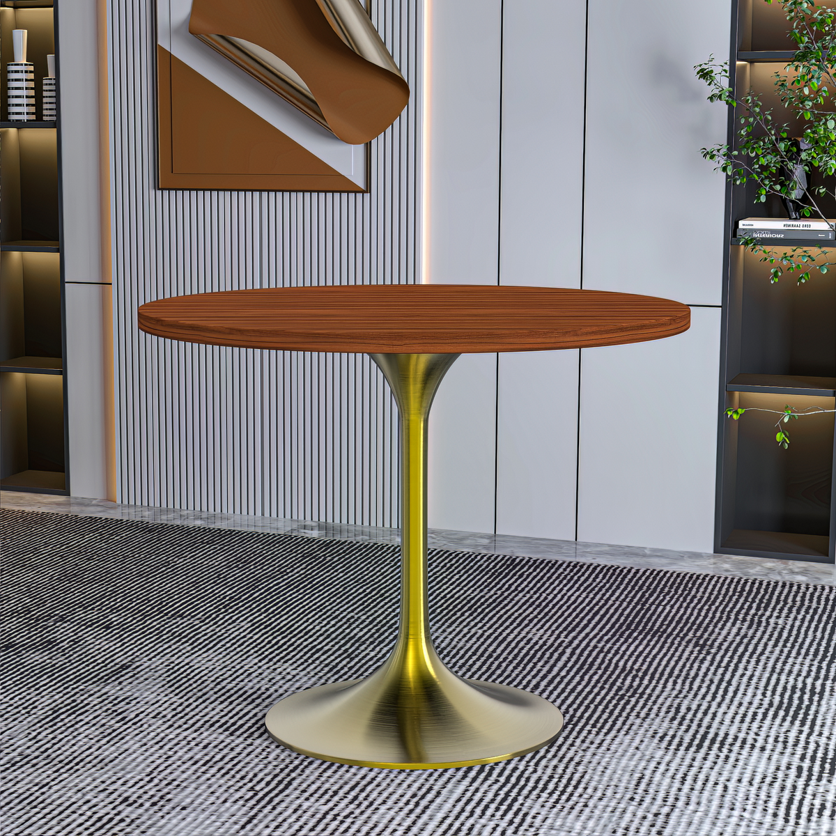 Verve Round Dining Table with MDF/Sintered Stone/Resin Tabletop in Gold Stainless Steel Pedestal Base MDF 36 Inch Cognac Brown Dining Table Leisuremod