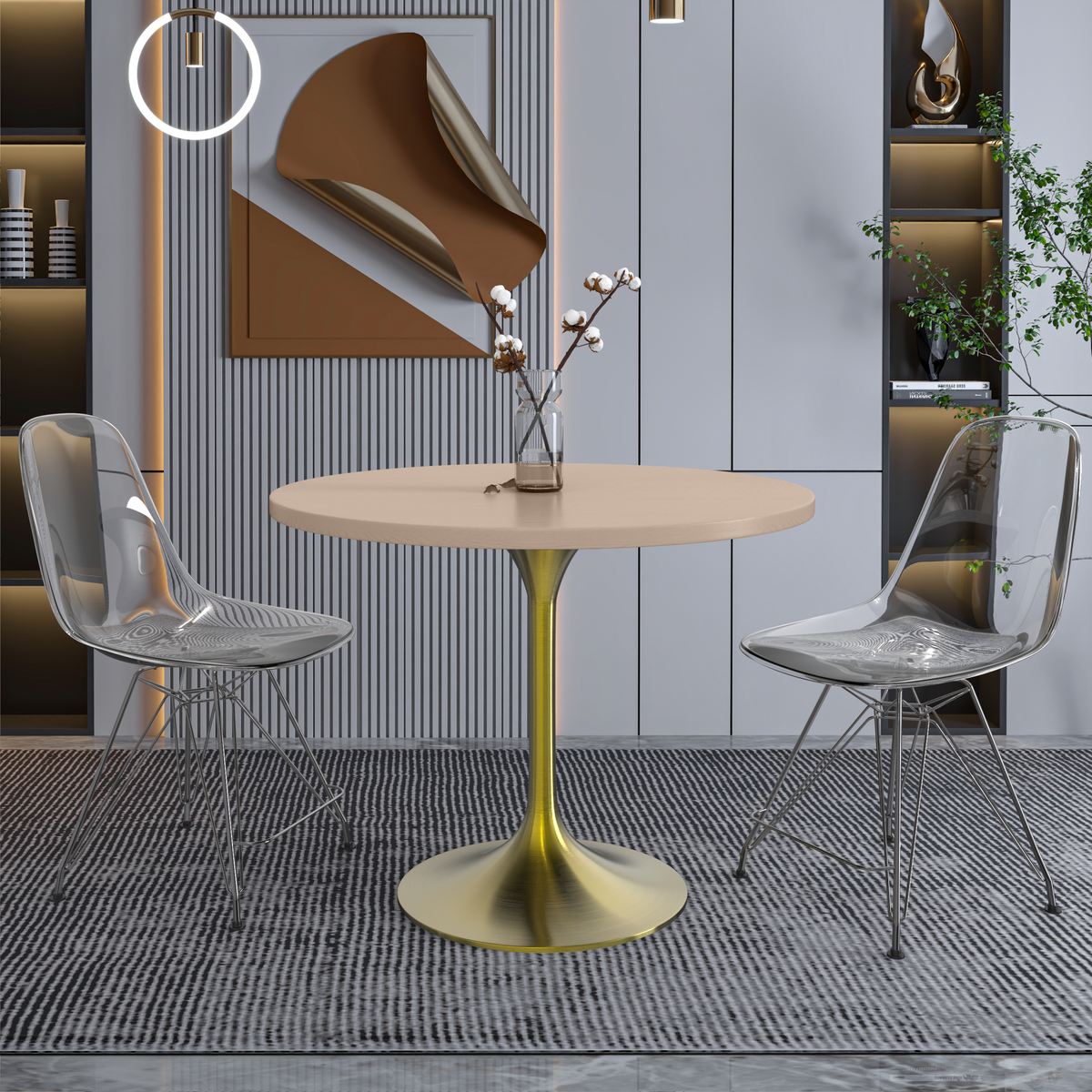 Verve Round Dining Table with MDF/Sintered Stone/Resin Tabletop in Gold Stainless Steel Pedestal Base MDF 36 Inch Natural Wood Dining Table Leisuremod
