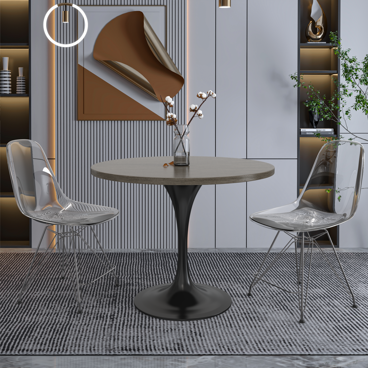 Verve Round Dining Table with MDF/Sintered Stone/Resin Tabletop in Black Stainless Steel Pedestal Base MDF 36 Inch Dark Maple Dining Table Leisuremod