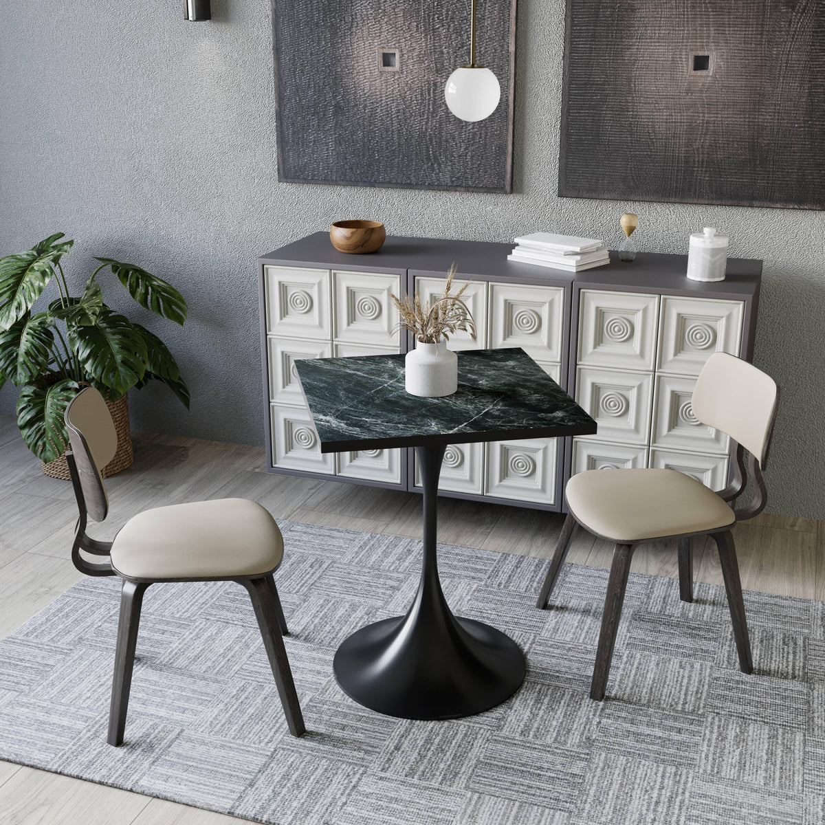 LeisureMod Verve Collection 24"Square Dining Table, Black/White/Brushed Gold Base with Black MDF Top - Elax Furniture