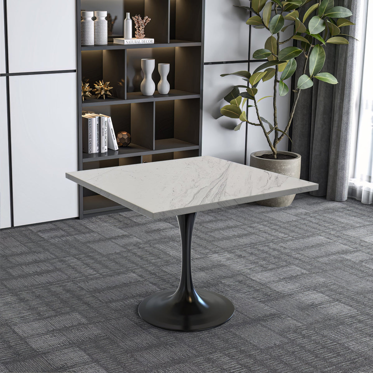 Verve Collection 24"Square Dining Table, Black/White/Brushed Gold Base with MDF Top 36 Inch Black Marbled White Resin Dining Table Leisuremod