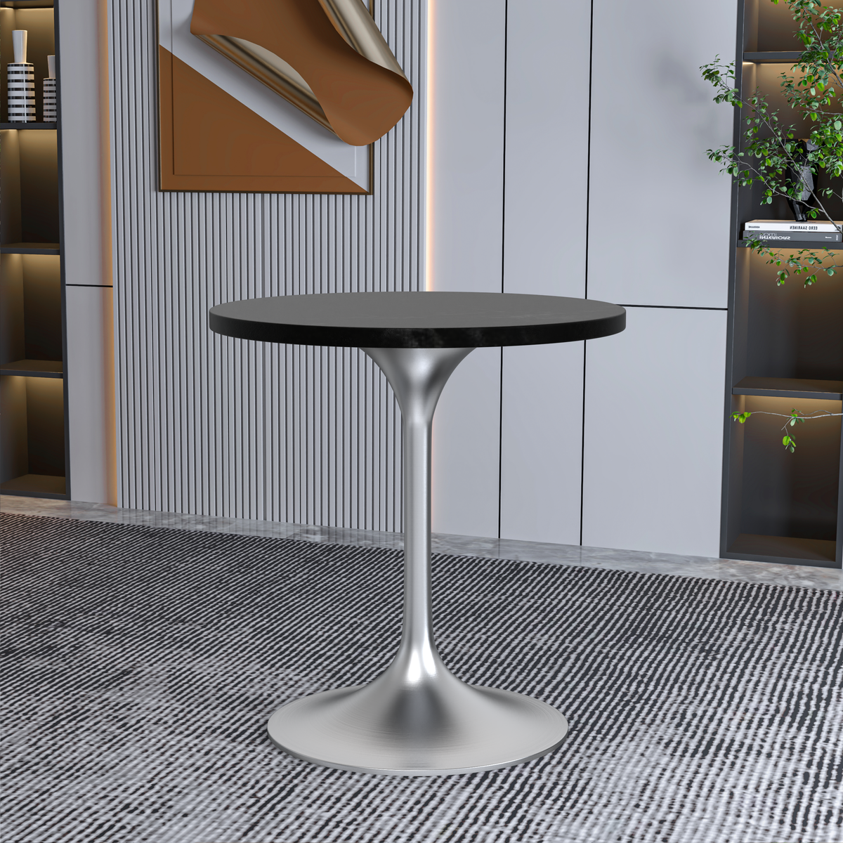 Verve Round Dining Table with MDF/Sintered Stone/Resin Tabletop in Silver Stainless Steel Pedestal Base MDF 27 Inch Black MDF Dining Table Leisuremod