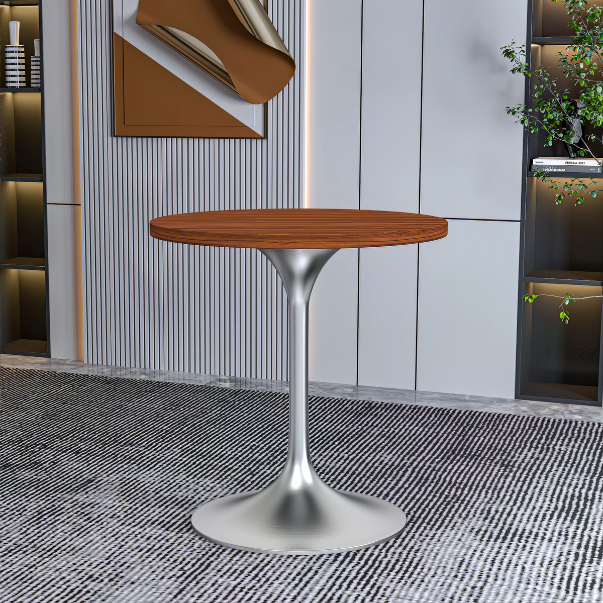Verve Round Dining Table with MDF/Sintered Stone/Resin Tabletop in Silver Stainless Steel Pedestal Base MDF 27 Inch Cognac Brown Dining Table Leisuremod