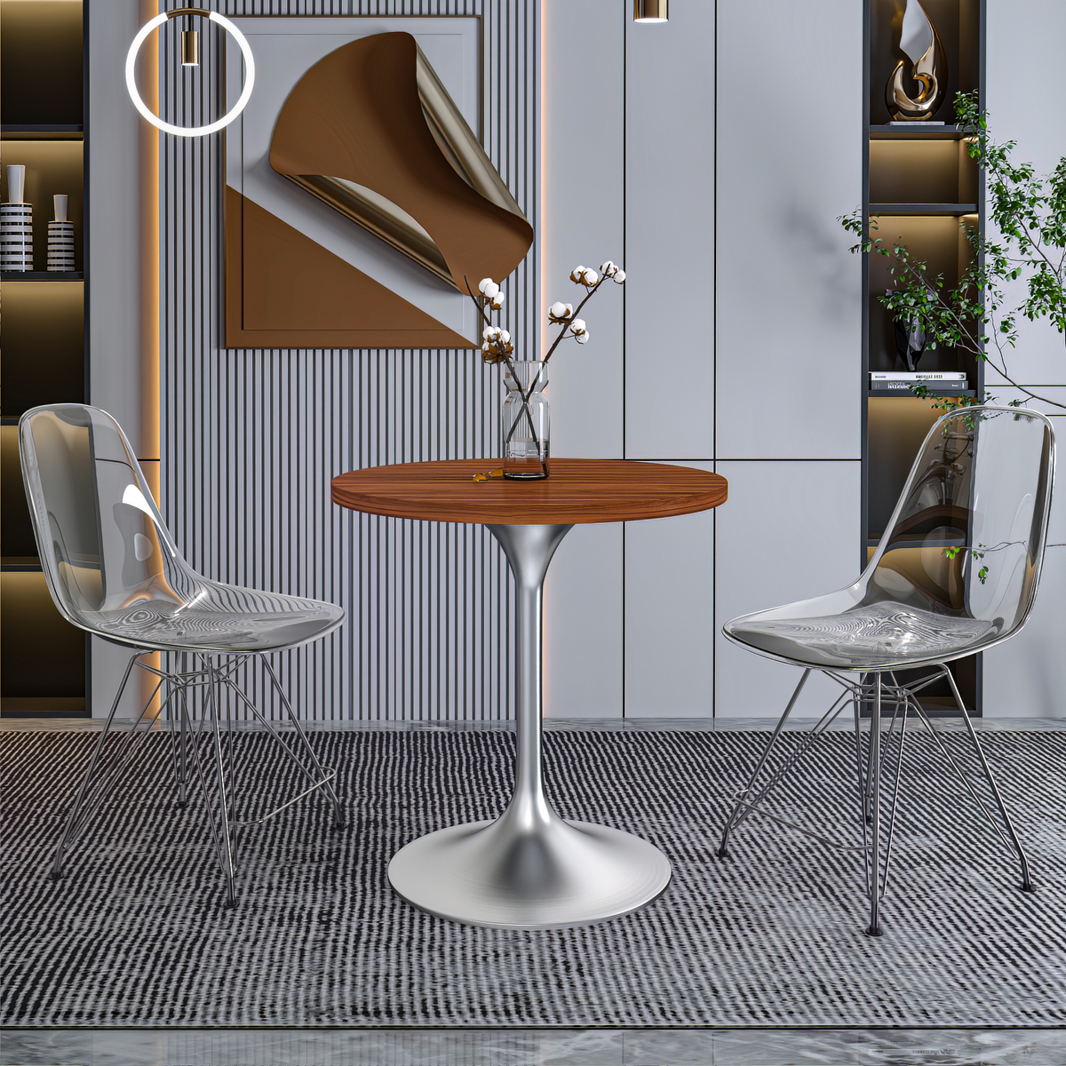 Verve Round Dining Table with MDF/Sintered Stone/Resin Tabletop in Silver Stainless Steel Pedestal Base MDF 27 Inch Cognac Brown Dining Table Leisuremod