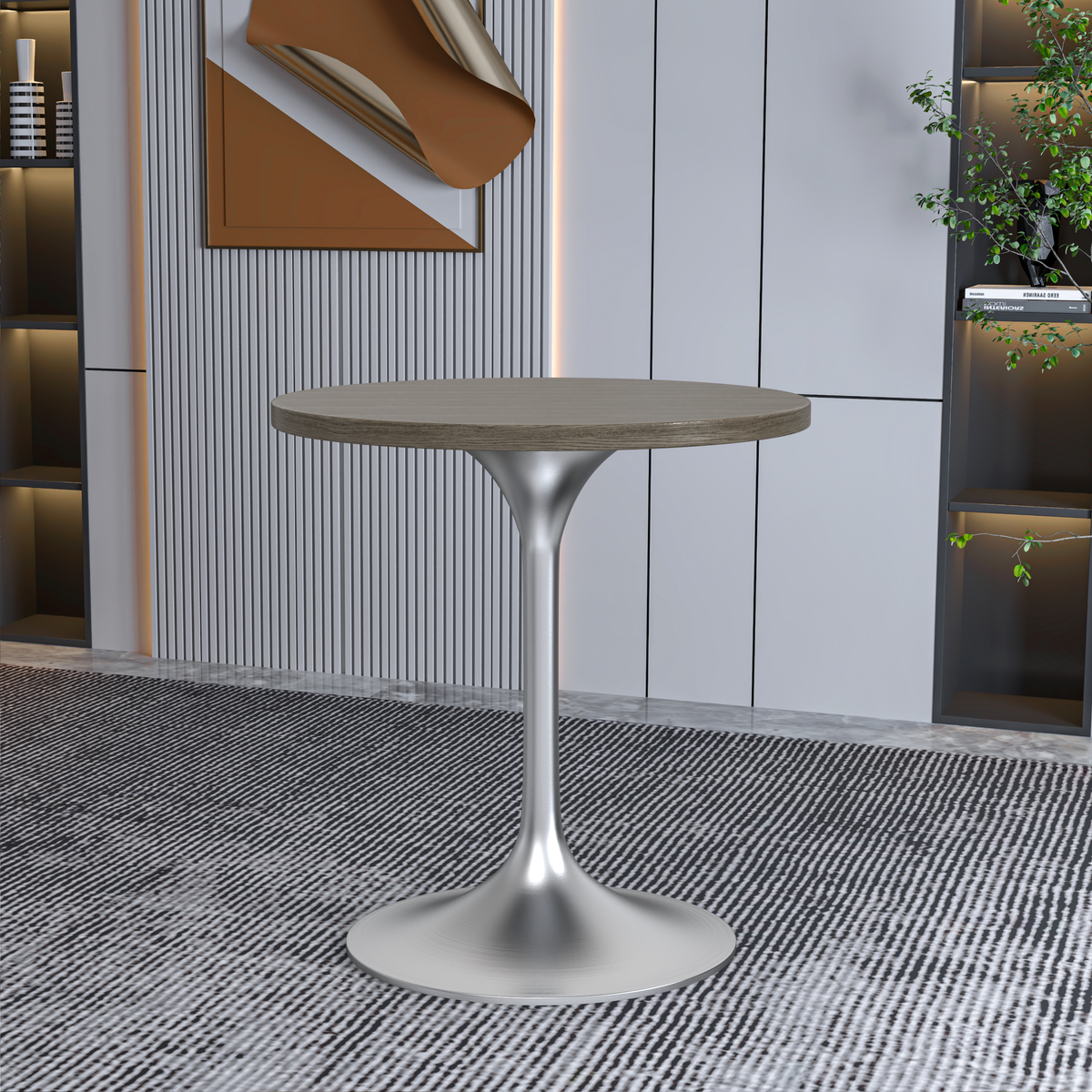 Verve Round Dining Table with MDF/Sintered Stone/Resin Tabletop in Silver Stainless Steel Pedestal Base MDF 27 Inch Dark Maple Dining Table Leisuremod