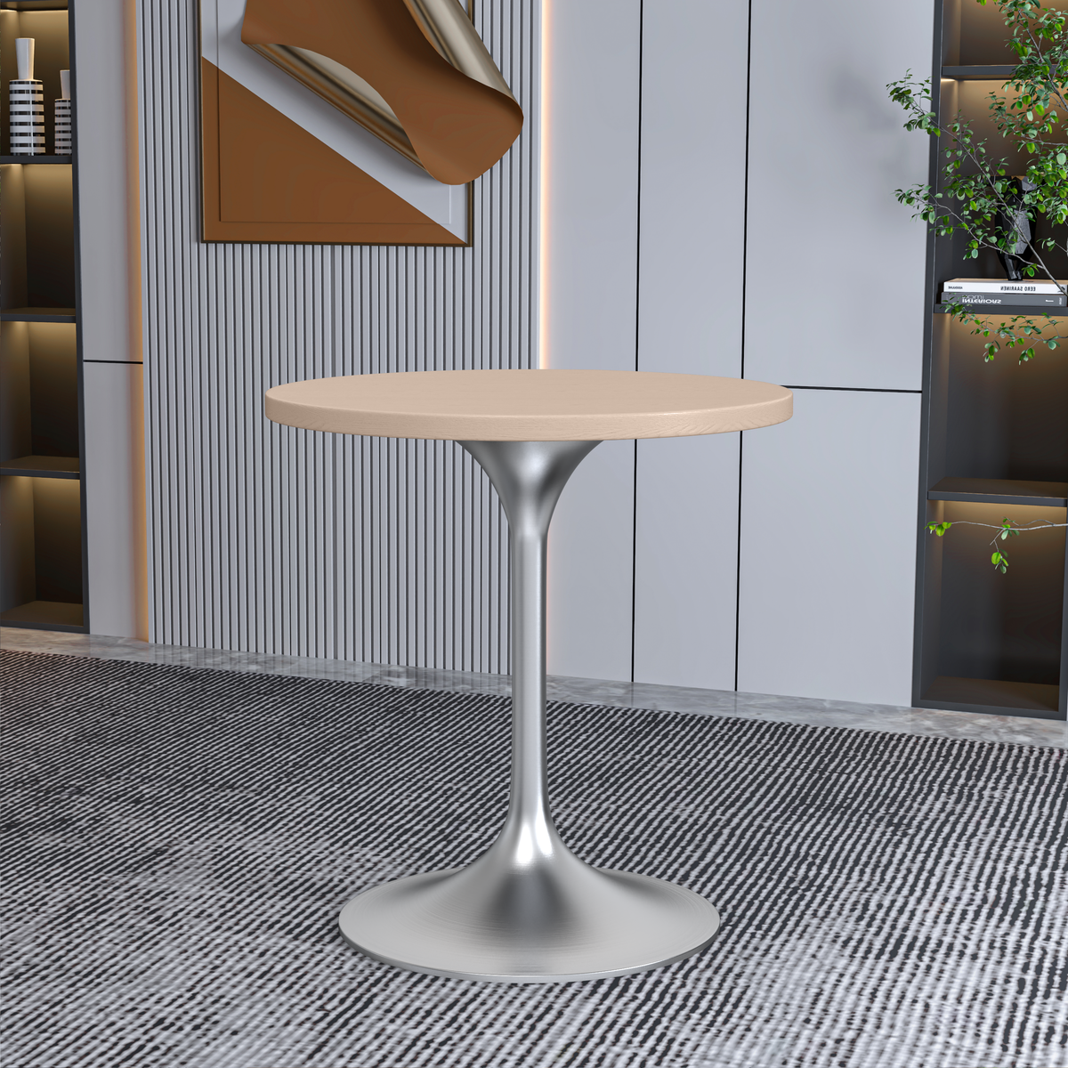 Verve Round Dining Table with MDF/Sintered Stone/Resin Tabletop in Silver Stainless Steel Pedestal Base MDF 27 Inch Natural Wood Dining Table Leisuremod