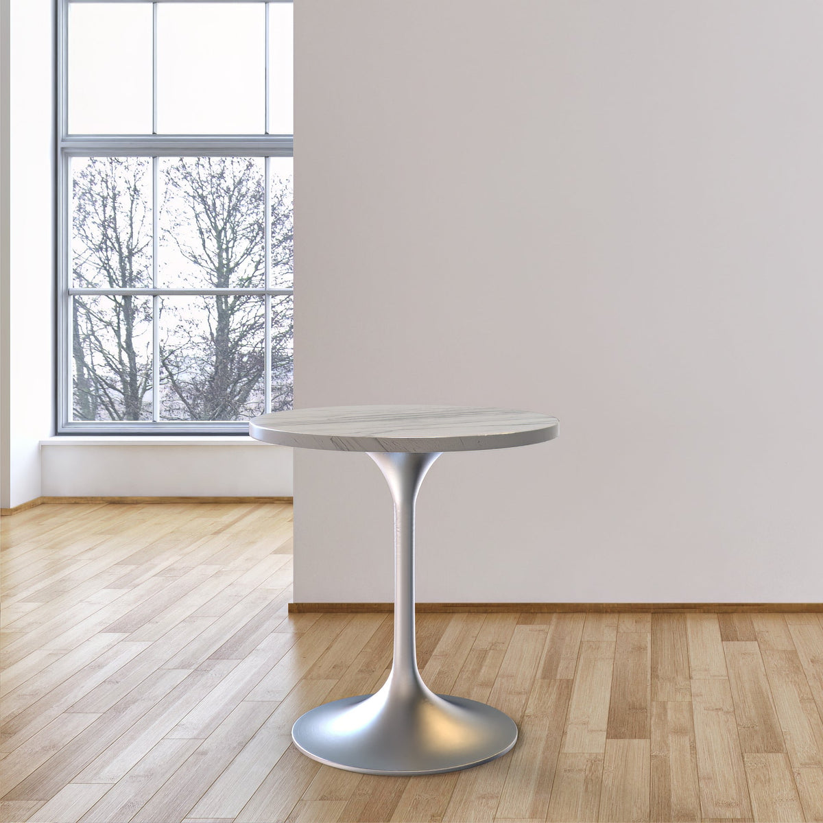 Verve Round Dining Table with MDF/Sintered Stone/Resin Tabletop in Silver Stainless Steel Pedestal Base Resin 27 Inch White Resin Dining Table Leisuremod