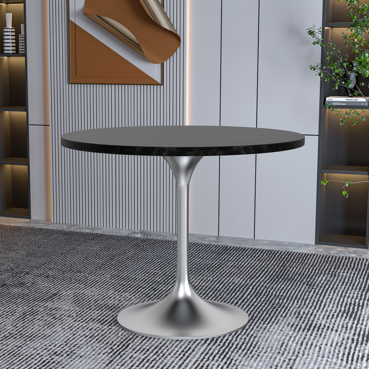 Verve Round Dining Table with MDF/Sintered Stone/Resin Tabletop in Silver Stainless Steel Pedestal Base MDF 36 Inch Black MDF Dining Table Leisuremod