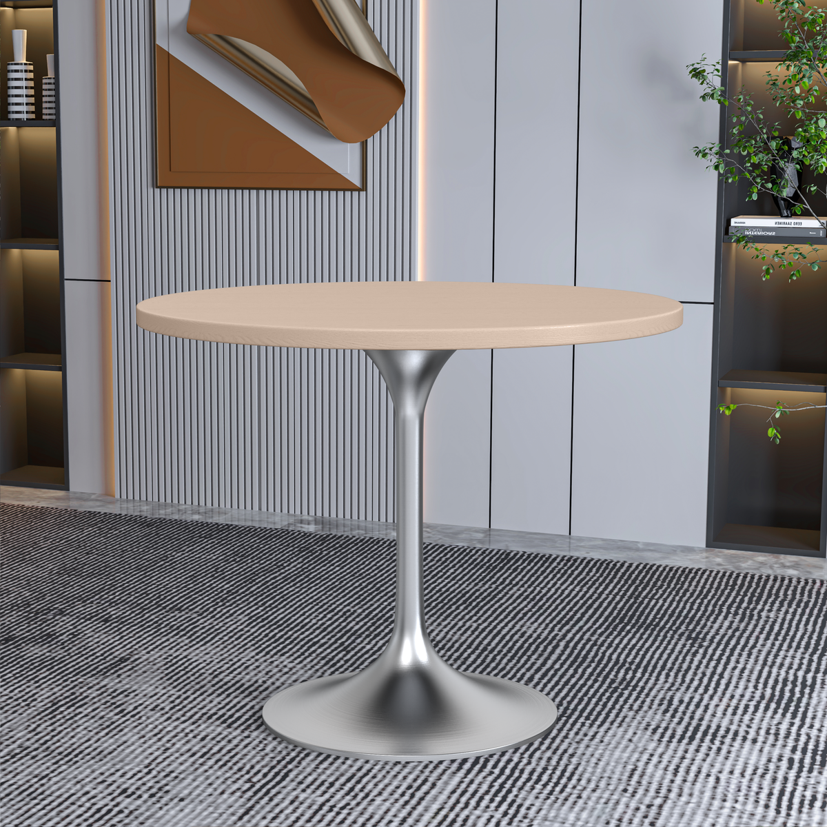 Verve Round Dining Table with MDF/Sintered Stone/Resin Tabletop in Silver Stainless Steel Pedestal Base MDF 36 Inch Natural Wood Dining Table Leisuremod