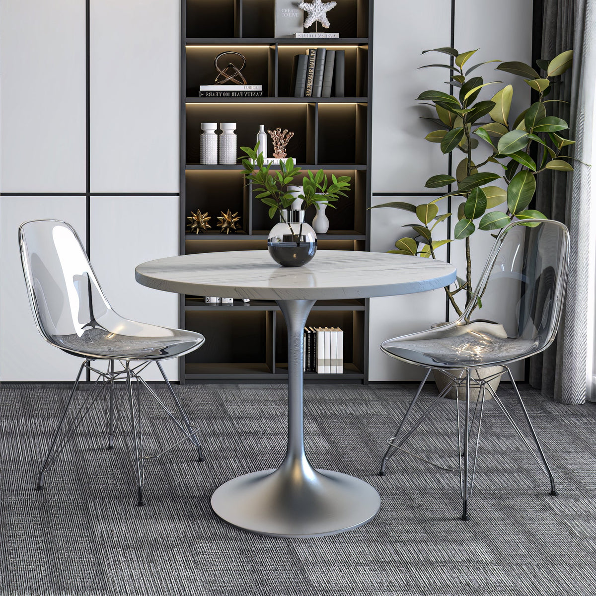 Verve Round Dining Table with MDF/Sintered Stone/Resin Tabletop in Silver Stainless Steel Pedestal Base Resin 36 Inch White Resin Dining Table Leisuremod