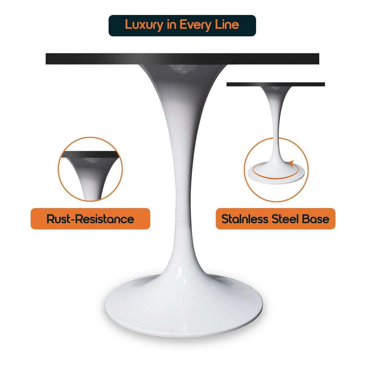 LeisureMod Verve Collection 24"Square Dining Table, Black/White/Brushed Gold Base with Black MDF Top - Elax Furniture