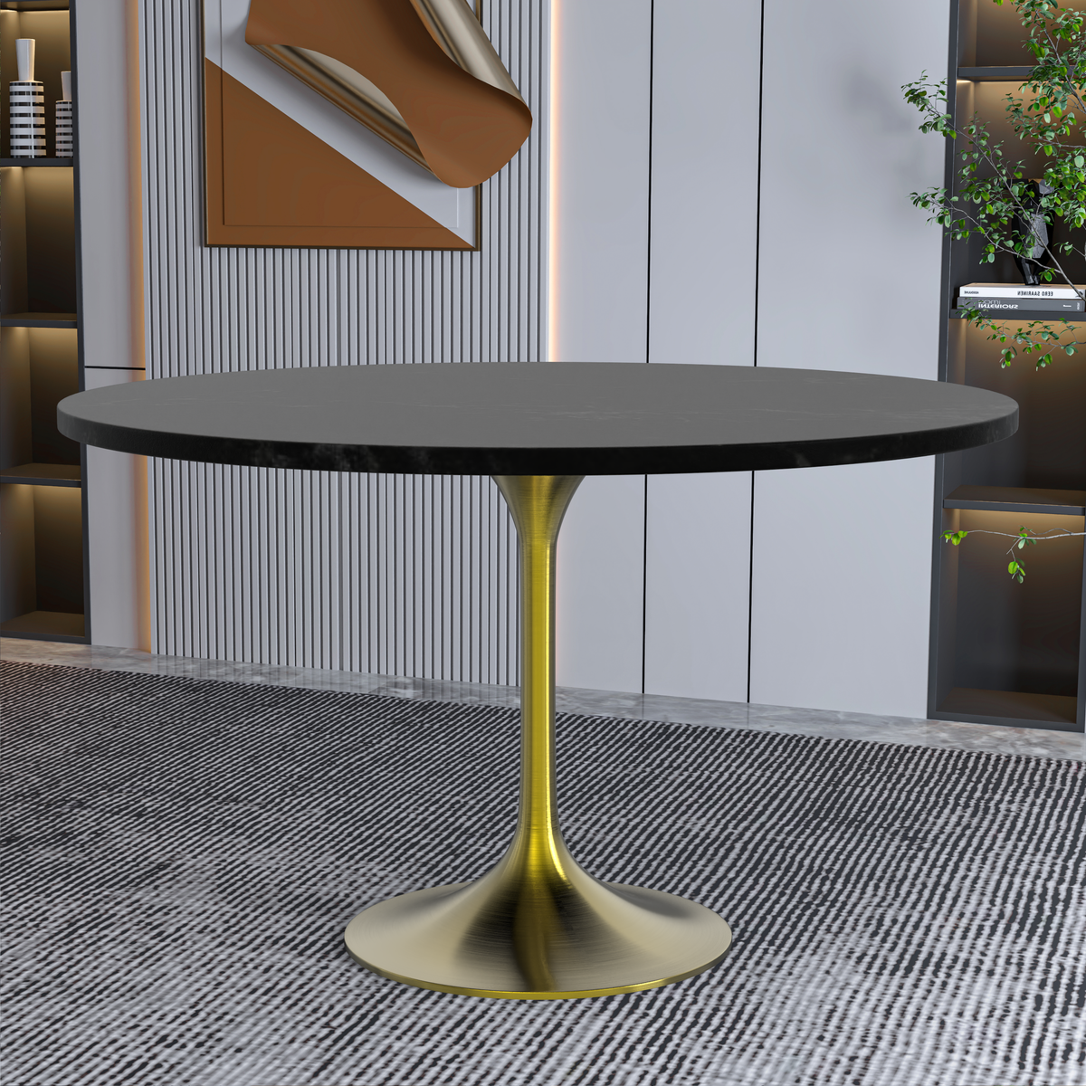Verve Round Dining Table with MDF/Sintered Stone/Resin Tabletop in Gold Stainless Steel Pedestal Base MDF 48 Inch Black Dining Table Leisuremod
