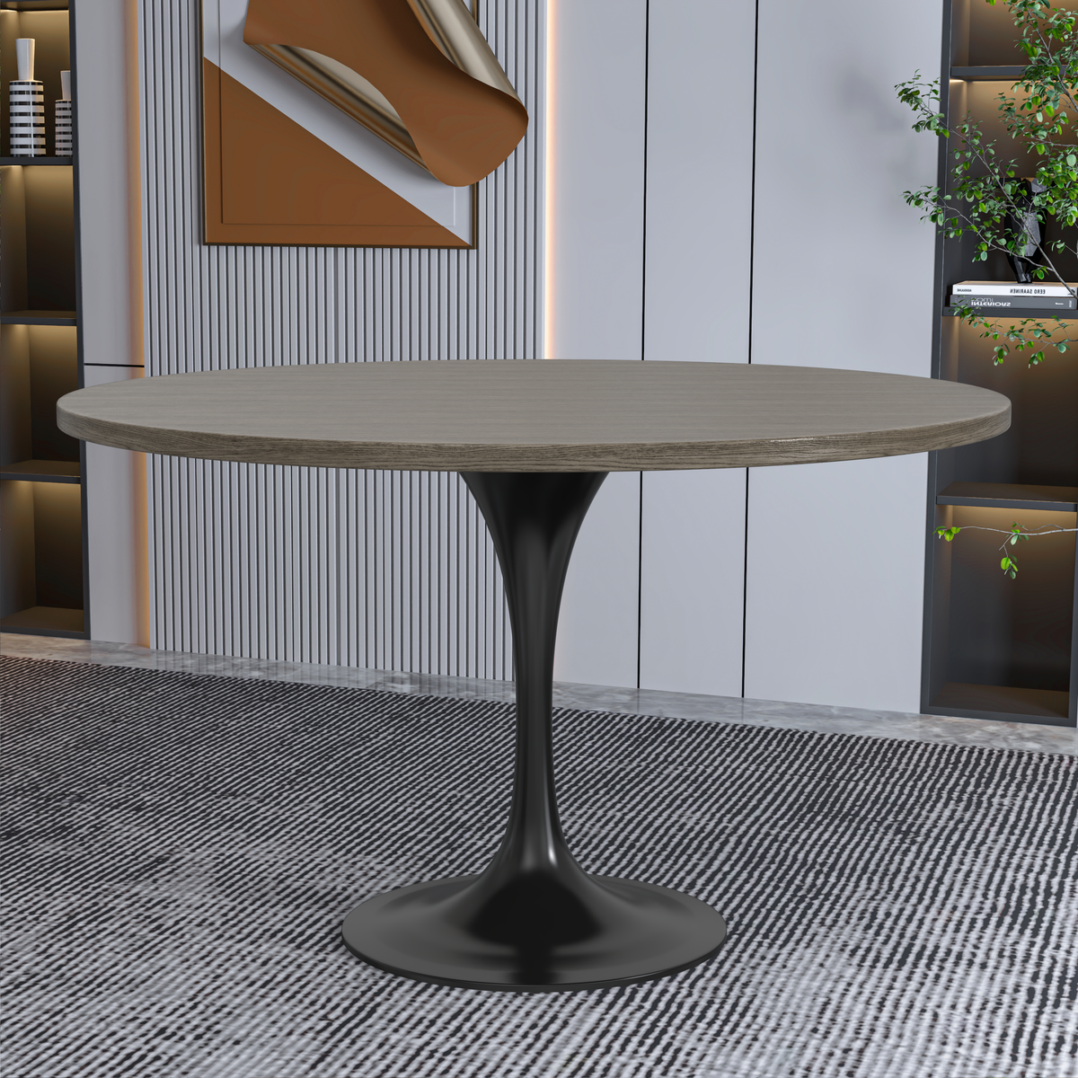 Verve Round Dining Table with MDF/Sintered Stone/Resin Tabletop in Black Stainless Steel Pedestal Base MDF 48 Inch Dark Maple Dining Table Leisuremod