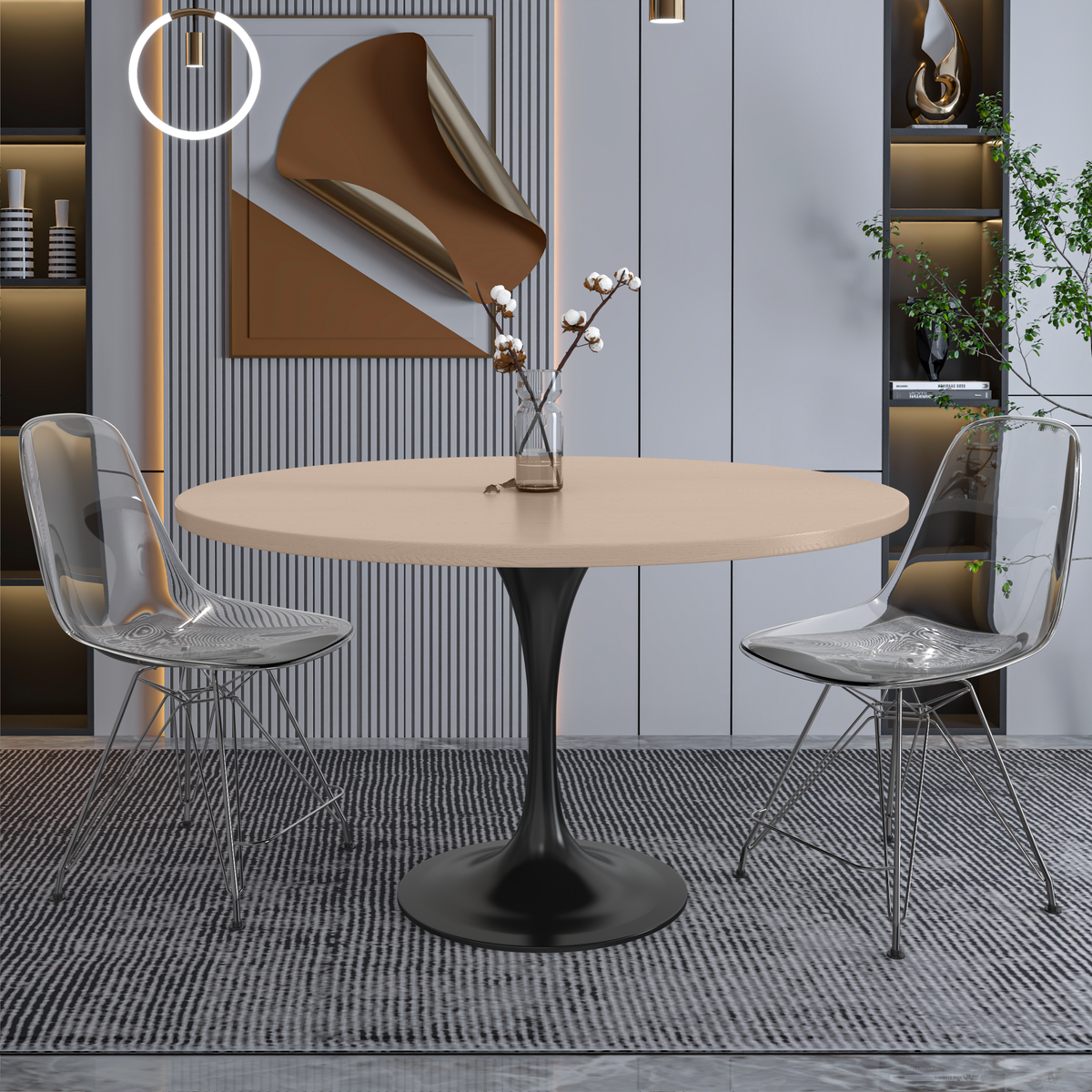 Verve Round Dining Table with MDF/Sintered Stone/Resin Tabletop in Black Stainless Steel Pedestal Base MDF 48 Inch Natural Wood Dining Table Leisuremod
