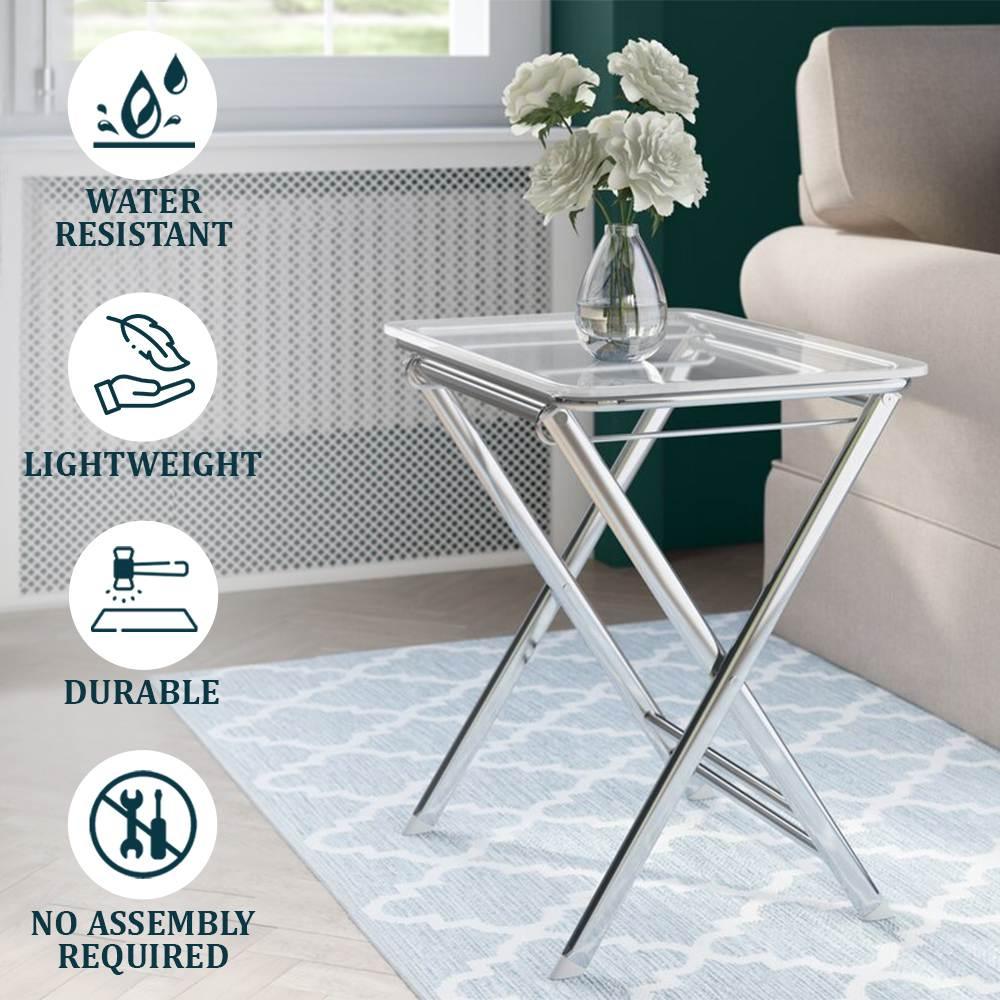 Victorian Acrylic Foldable End Side Table Tray with Chrome Metal Legs - Elax Furniture