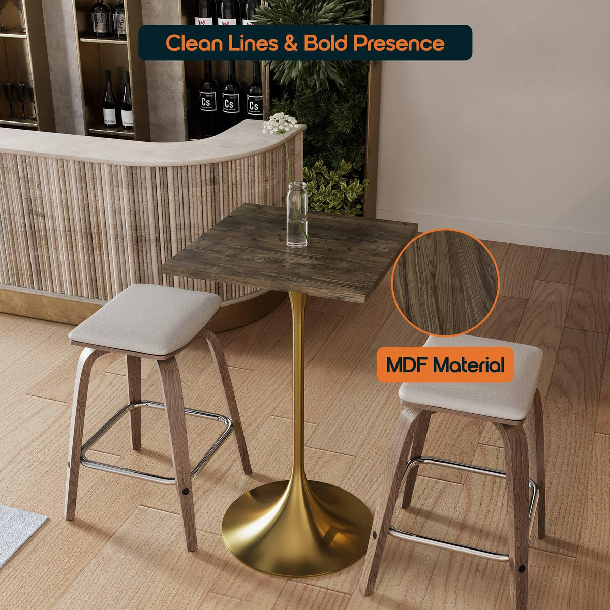 LeisureMod Verve 24" Square Top Bar Height Table, Brushed Gold/Black/White Stainless Steel Base with MDF Table Top - Elax Furniture