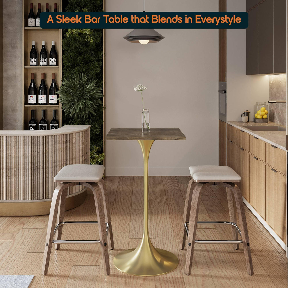LeisureMod Verve 24" Square Top Bar Height Table, Brushed Gold/Black/White Stainless Steel Base with MDF Table Top - Elax Furniture