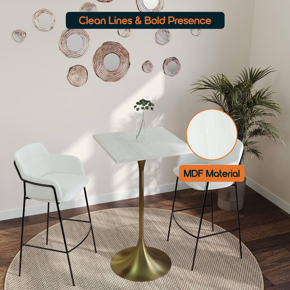 LeisureMod Verve 24" Square Top Bar Height Table, Brushed Gold/Black/White Stainless Steel Base with MDF Table Top - Elax Furniture