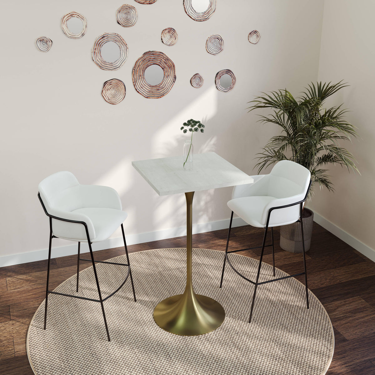 LeisureMod Verve 24" Square Top Bar Height Table, Brushed Gold/Black/White Stainless Steel Base with MDF Table Top - Elax Furniture