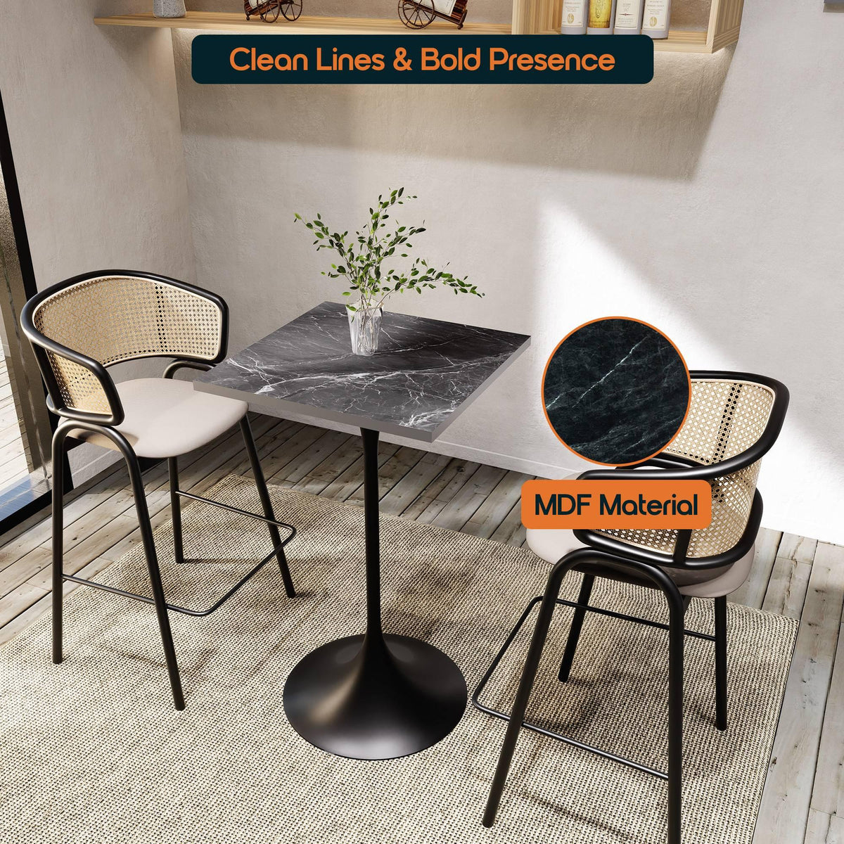LeisureMod Verve 24" Square Top Bar Height Table, Brushed Gold/Black/White Stainless Steel Base with MDF Table Top - Elax Furniture