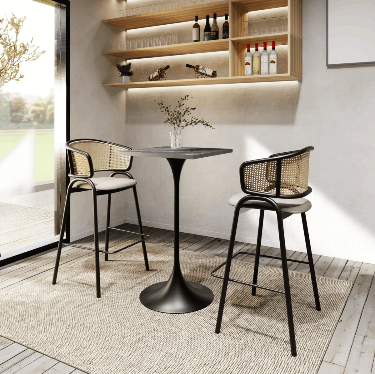 LeisureMod Verve 24" Square Top Bar Height Table, Brushed Gold/Black/White Stainless Steel Base with MDF Table Top - Elax Furniture