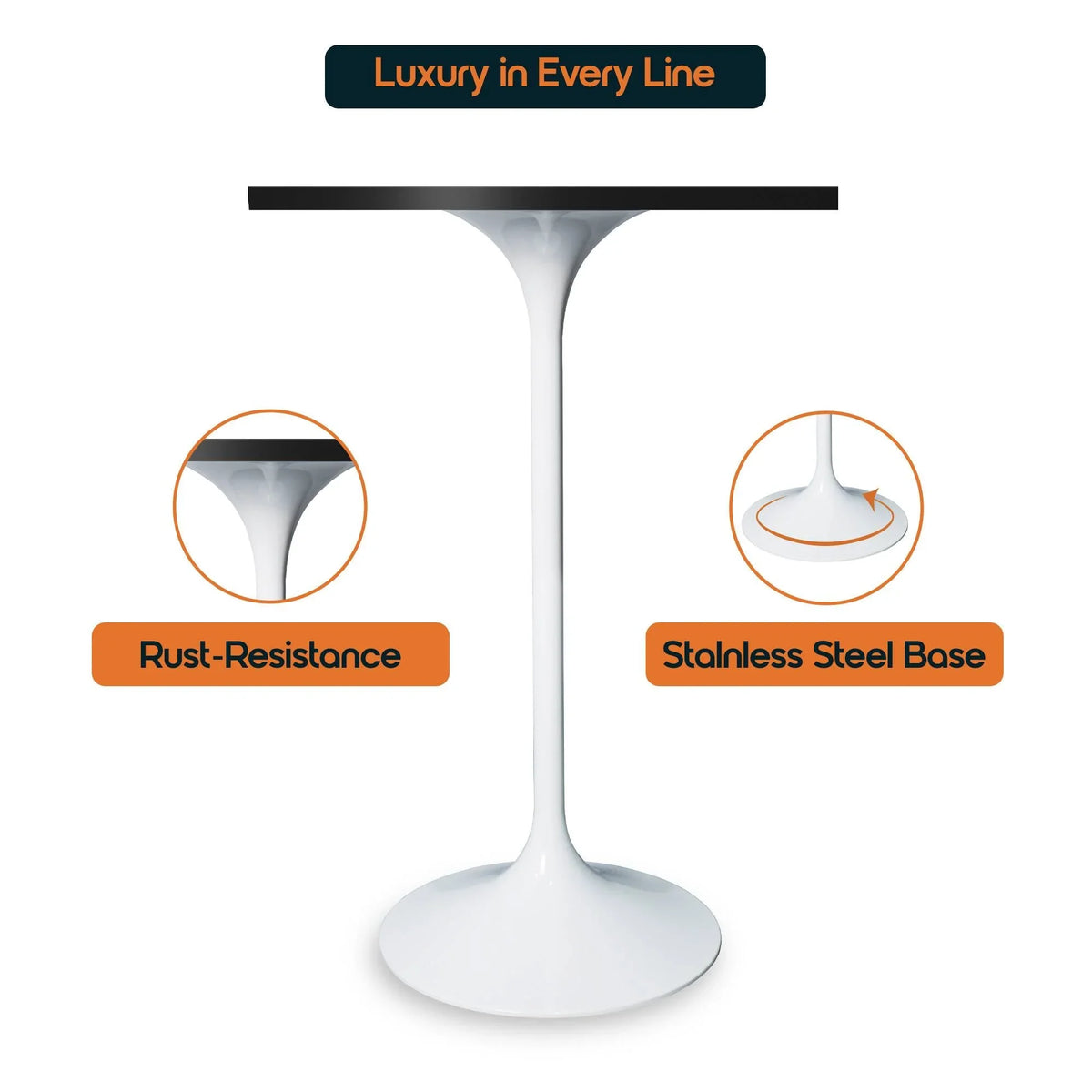 LeisureMod Verve 24" Square Top Bar Height Table, Brushed Gold/Black/White Stainless Steel Base with MDF Table Top - Elax Furniture