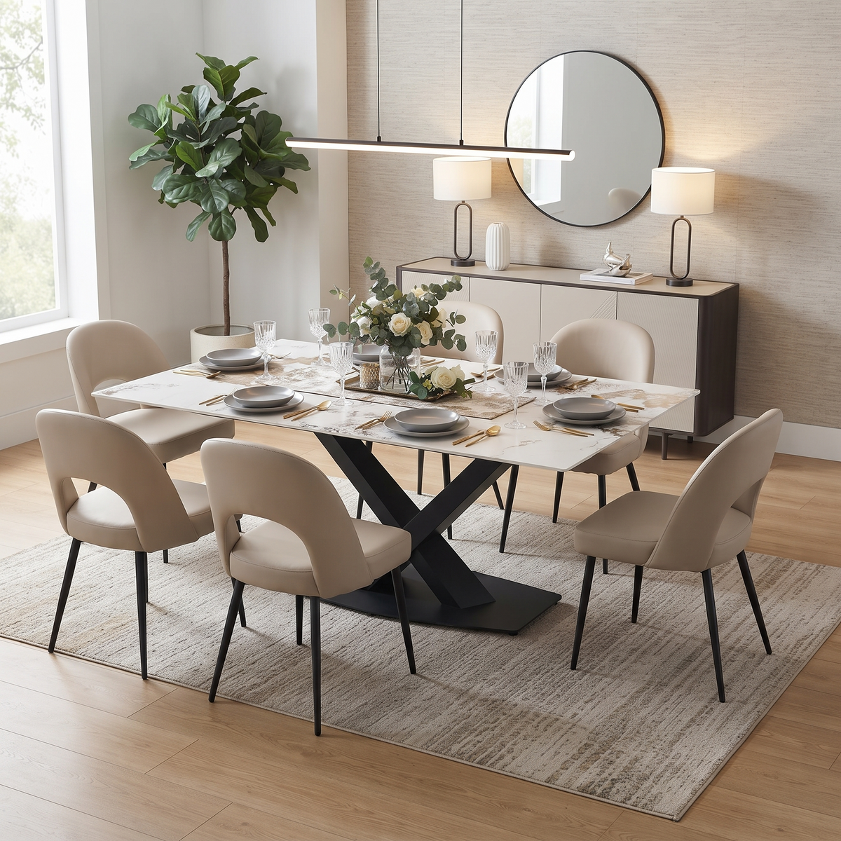 Voren Rectangular Dining Table with Sintered Stone / Glass Tabletop in Stainless Steel Double Pedestal Base
